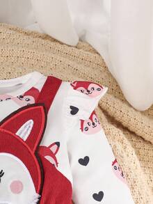 Baby Girl Cartoon Embroidery Round Neck Long Sleeve Ruffle Hem Cute Jumpsuit - Burgundy - View 3
