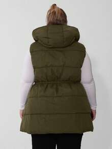 SHEIN CURVE+ Curve Plus Zip Up Hooded Vest Coat, For Winter - Army Green - View 3