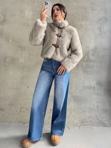 Firerie 女式卡其色立领修身长袖蓬松纽扣仿皮草夹克，秋冬外套，带衬里，适合春秋冬季，优雅、通勤、休闲、日常、工作装、宴会、派对、年会 - 卡其色 - 查看 9