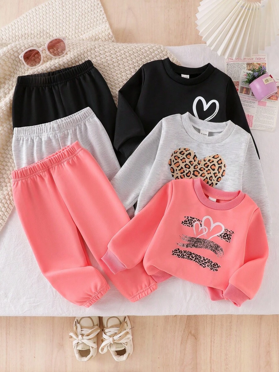 3pcs Baby/Toddler Colorful Long Sleeve Printed Sweatshirt Set, Knitted Round Neck Top And Pants, Fashionable Heart Print Long Sleeve Hoodie And Trousers For Autumn