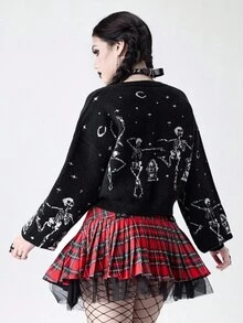ROMWE Goth 哥特风骷髅提花短款针织开衫，V领纽扣开衫，暗黑美学万圣节开衫 - 黑色 - 查看 3
