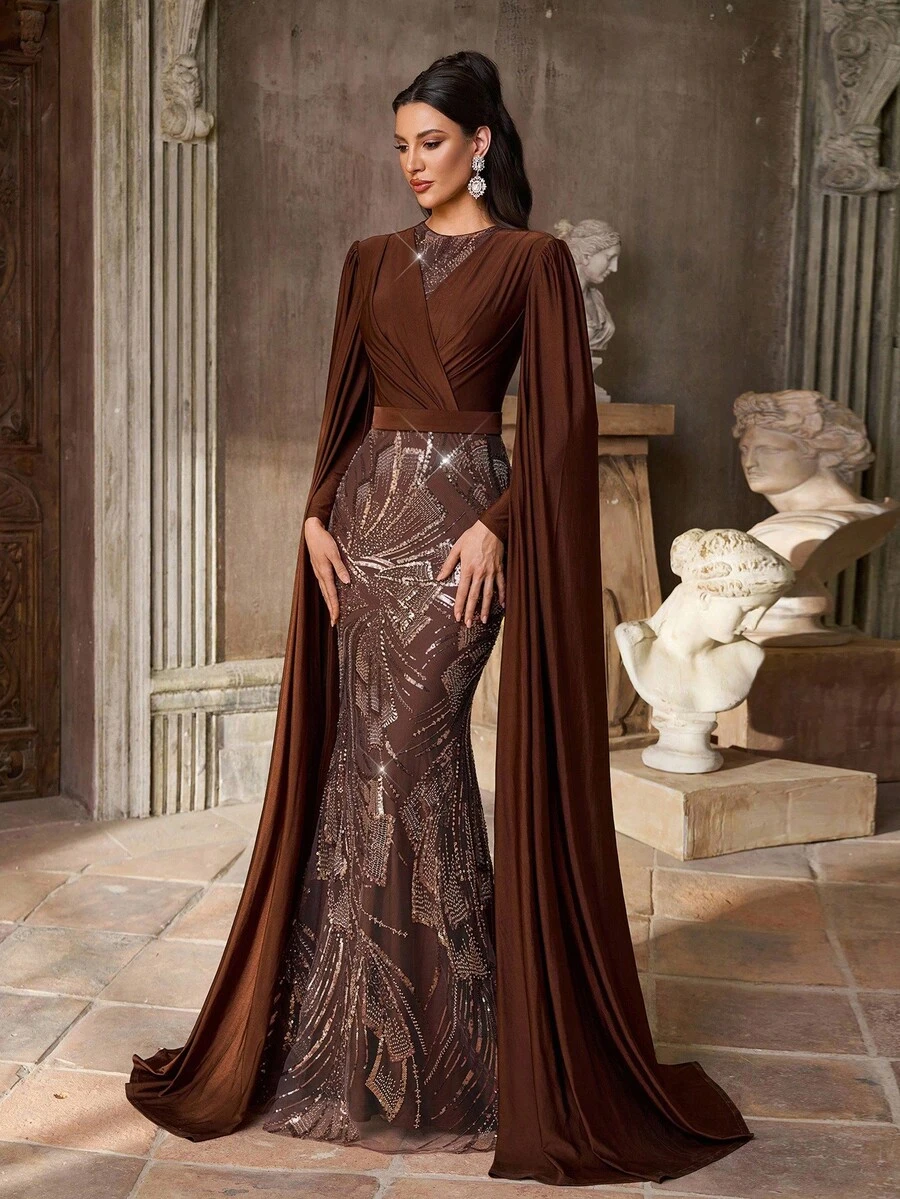 Aureia 优雅奢华咖啡色串珠刺绣拼布弹力针织圆领荷叶边袖褶饰可调节腰部美人鱼尾女士正式晚礼服 - 咖啡棕 - 查看 1
