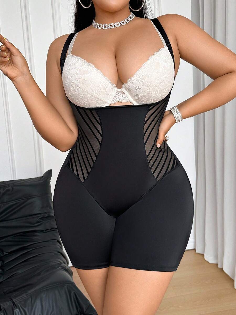 SHEIN 大码女式条纹拼布塑身连体衣 - 黑色 - 查看 1