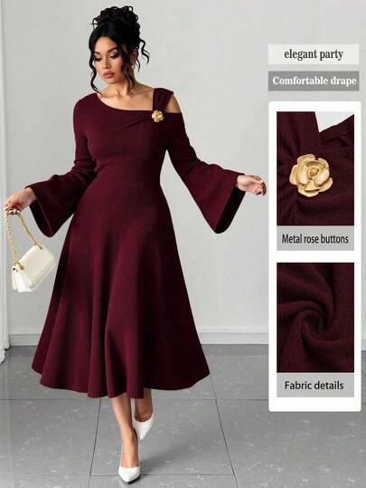 Elenzga فستان حفلات أنيق ماكسي للمرأة ذات المقاسات الكبيرة، بتصميم أكتاف غير متماثل، أكمام واسعة مكسرة، وتطريز كشكش، قماش محبوك بخطوط متداخلة، لون أحادي