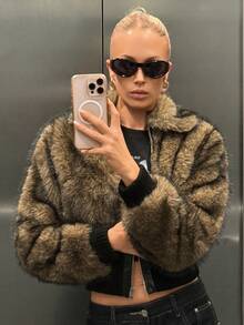 Muchica 秋冬女士棕色人造毛皮撞色拉链长袖夹克 - 摩卡棕 - 查看 5