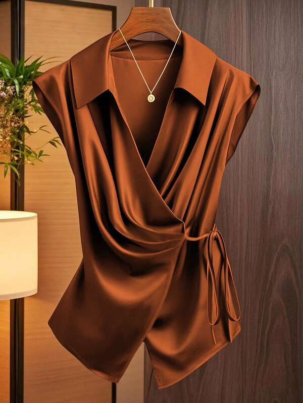 GlowEve Blusa sin mangas con cuello, pliegues y lazo delantero para mujer