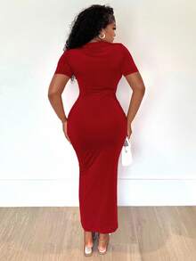 Alexandranx 女士纯色 V 领紧身短袖连衣裙 Hoco Dresses - 酒紅色 - 查看 2