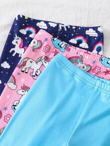 3pcs/Set Girls Unicorn Cartoon Print Snug Fit Long Sleeve T-Shirt And Pants Pajamas Set - Multicolor - View 4
