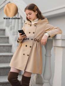 SHEIN Tween Girls Mid-Length Hooded Casual Fleece Jacket, Winter Fall