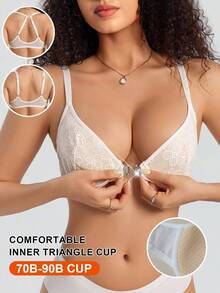 1pc Front Closure Lace Patchwork Underwire Thin Cup Bra - White - View 1