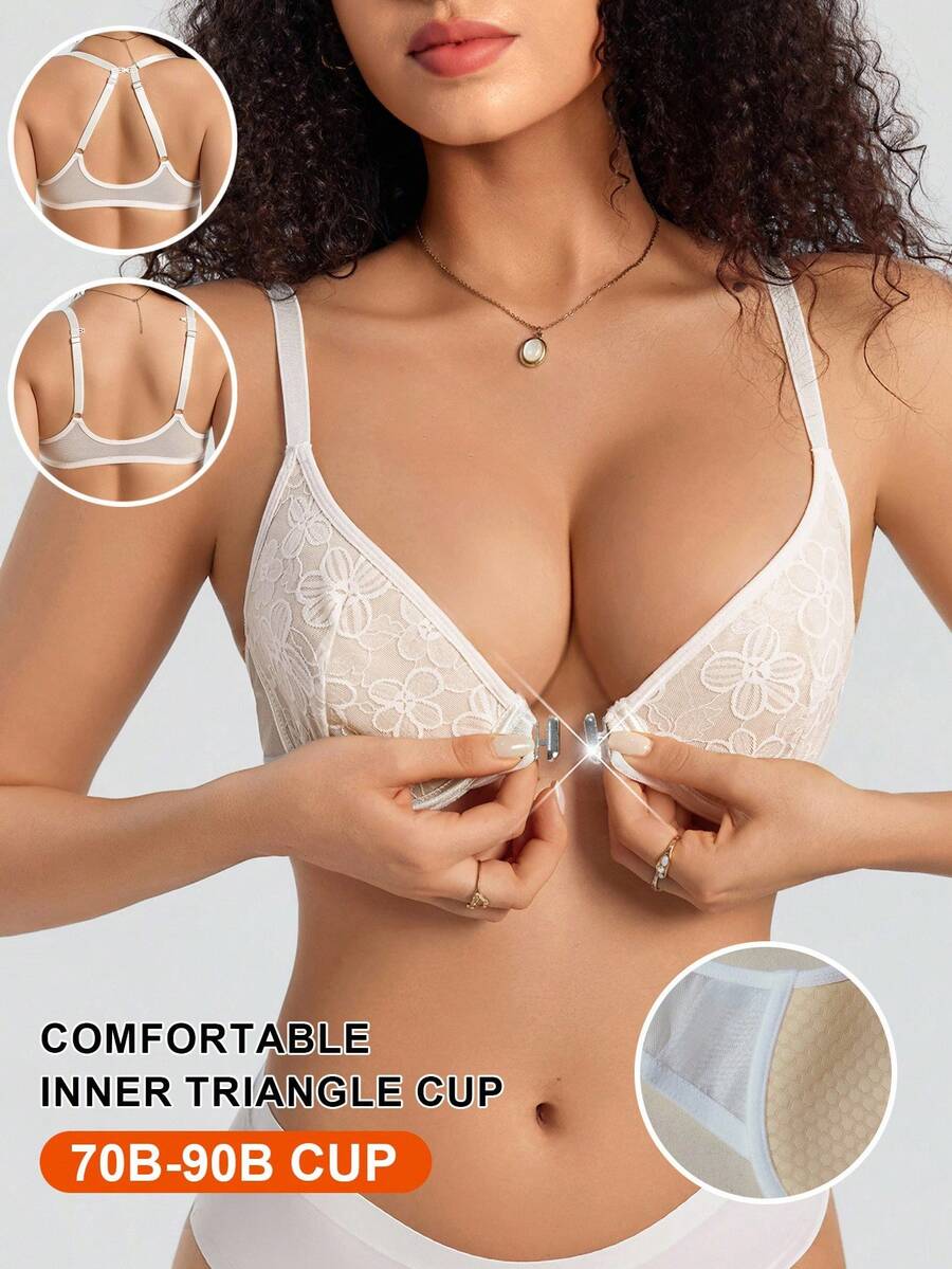 1pc Front Closure Lace Patchwork Underwire Thin Cup Bra - White - View 1