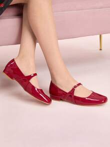 CUCCOO DOLLMOD 女士勃艮第红色圆头舒适可爱简约经典百搭通勤约会派对学校玛丽珍平底鞋 - 紅色 - 查看 4