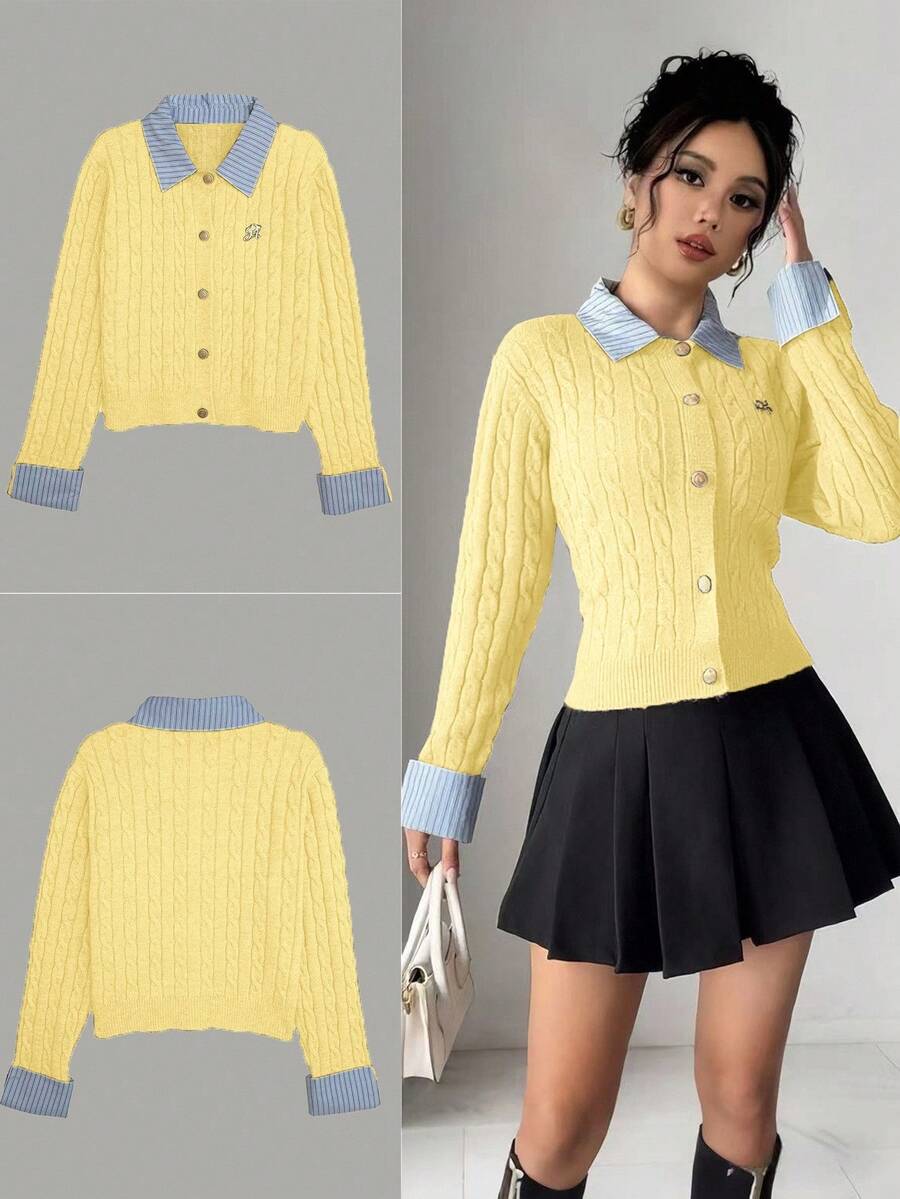 EMERY ROSE Áo khoác len cardigan ngắn 2 trong 1 chắp vá thời trang lấy cảm hứng từ Blogger, phong cách Châu Âu và Mỹ - Vàng nhạt - Xem 1