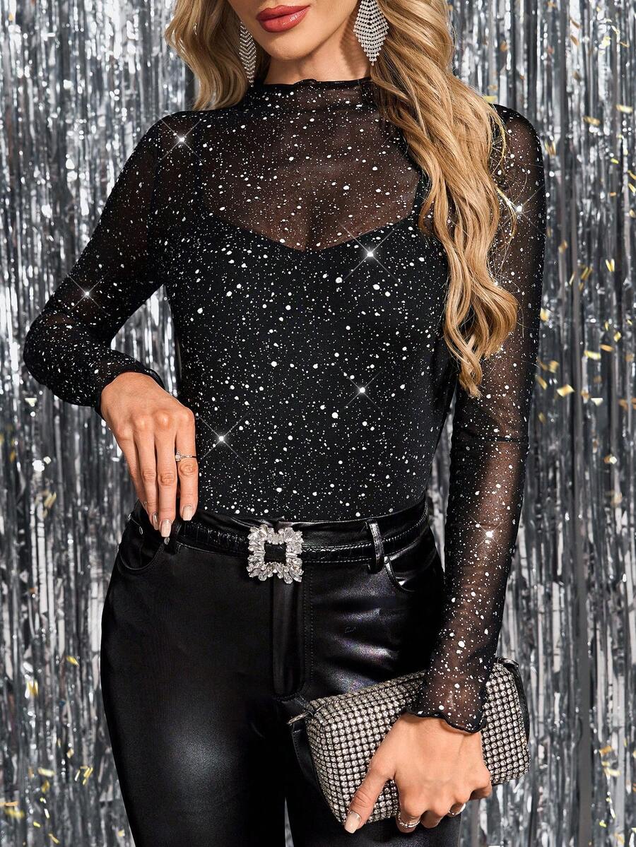 SHEIN Clasi Top de Malha Ajustada de Manga Longa com Gola Alta, Transparente, Estampa Vintage Poa Preto e Branco, para Mulheres - Preto - Visão 1