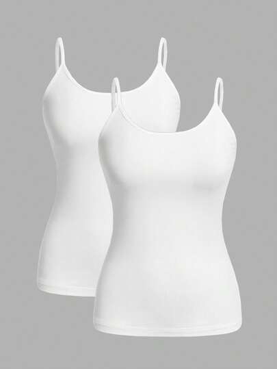 SHEIN EZwear 2pcs Women's All White Tight Casual Minimalist Basic Camisole Everyday House Homewear Summer