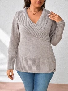 EMERY ROSE Plus Size Solid Color Casual Pullover Sweater, Autumn/Winter - Khaki - View 6