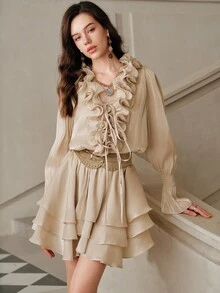 Anewsta Savoree 短款派对连衣裙，杏色荷叶边圣诞迷你裙，时尚优雅 - 杏色 - 查看 4