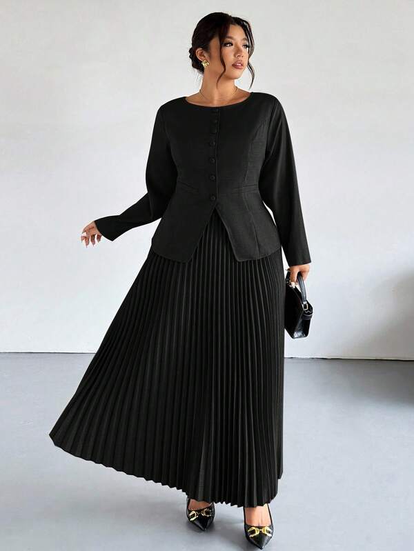 Firerie Plus Size Women Commuter New Faux Pocket Decor Boat Neck Khaki Valentine Office Chic Commuter Elegant High Street Long Sleeve Spring Autumn Blazer Jacket And Pleated Skirt Two Pieces Set Black Elegant Dress Black Church Dress Women Pleated Skirt Set Long Sleeve Elegant Dress Pleated Dresses For Women