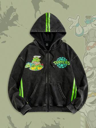 TEENAGE MUTANT NINJA TURTLES X ROMWE Sudadera con capucha con cremallera y estampado de tortuga lavada casual para hombre, otoño