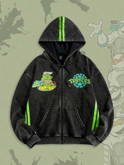 TEENAGE MUTANT NINJA TURTLES X ROMWE Sudadera con capucha con cremallera y estampado de tortuga lavada casual para hombre, otoño