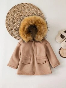 SHEIN Babygirl Cute Casual Fleece Hooded Jacket, Versatile For Autumn/Winter