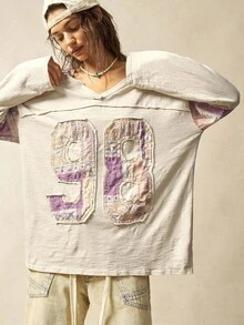 Bohemela Boho Autumn/Winter Outerwear, Women's Fashionable Vintage Patchwork Bohemia Paisley Pattern V-Neck Long Sleeve Loose T-Shirt, Western Country Style Concert Vacation, Suitable For Vacation & Daily Wear & Back To School, Christmas - Apricot - View 3