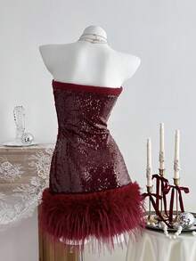 SHEIN Unity Sequin Embellished Strapless Faux Fur Bodycon Dress For Women - Red - View 6
