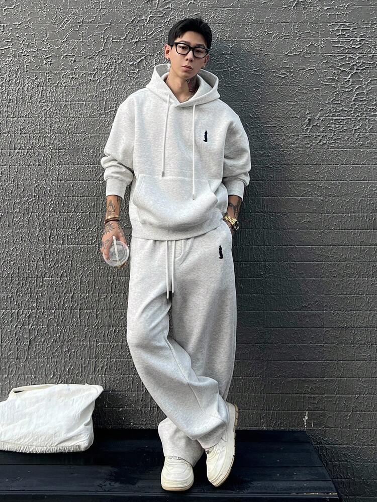 Men's Embroidery Design Thermal Lined Hoodie Set, Light Grey, Autumn/Winter