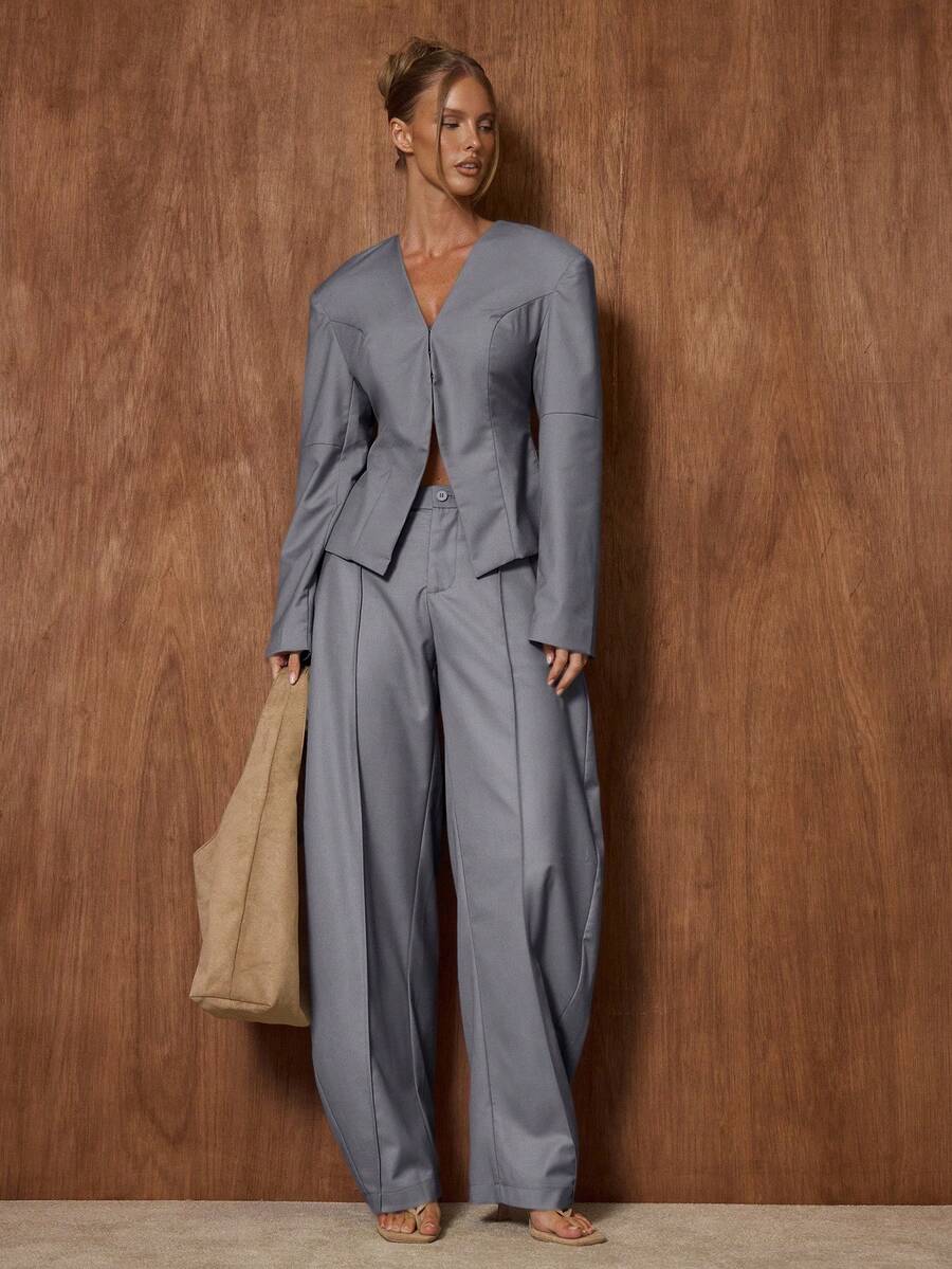 MUSERA Mid Waist Balloon Loose Fit Pleated Trousers Only Cute Date Night Going Out Autumn Fall  Night Out Work Clean Cut  Winter Party - Grey - View 1