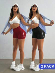 Velisys Velisys 2件組字母印花高腰無縫運動短褲 健身房保守運動緊身褲 女款瑜伽收腹褲 黑色深紅色 夏季 - 彩色 - 查看 5