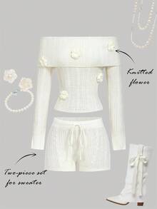 SHEIN MOD 女士优雅露肩立体花卉毛衣短裤两件套，圣诞女装，白色两件套，白色半身裙套装，米色两件套，女士冬季毛衣，睡衣派对装，露肩上衣，超短裤，感恩节女装，派对装，休闲女装，外出装，新年装 - 白色 - 查看 1