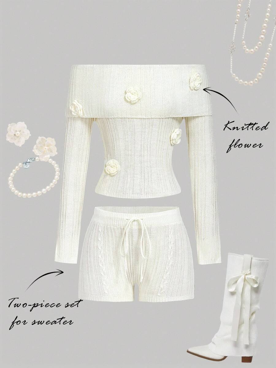 SHEIN MOD 女士优雅露肩立体花卉毛衣短裤两件套,圣诞女装,白色两件套,白色半身裙套装,米色两件套,女士冬季毛衣,睡衣派对装,露肩上衣,超短裤,感恩节女装,派对装,休闲女装,外出装,新年装 - 白色 - 查看 1
