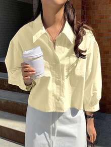 Jouncy Áo sơ mi tay dài ngắn rộng rãi màu trơn cho nữ, mùa hè - Màu vàng - Xem 5