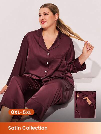 LUVLETTE Christmas & New Years Pajamas Women Plus Red & Burgundy Basic Satin Solid Button-Up PJ & Lounge Sets For Women Pajama Sets For Women, Fall Clothes