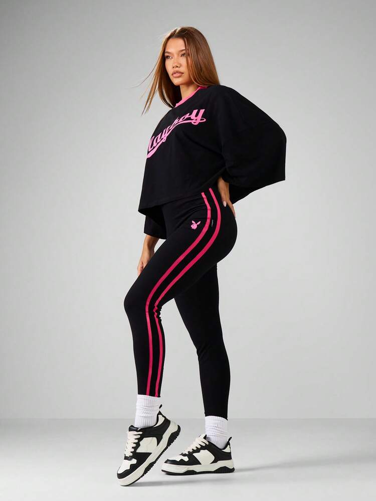 Missguided x Playboy Logo Two Piece Outfit Bell Sleeve Crop Top And High Rise Legging Set With Pink Side Stripes Fall Winter Loungewear Coord Set