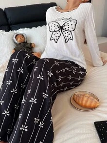 SHEIN 女士可爱蝴蝶结印花针织长袖睡衣套装，秋冬季服装 - 白色 - 查看 5