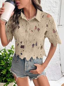 SHEIN LUNE Women's Floral Hollow-Out Short Sleeve Single-Breasted Fashion Shirt - Khaki - View 3