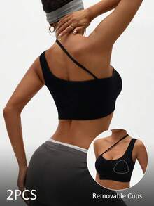 SHEIN Sports Bra Olahraga Tanpa Jahitan Tanpa Kawat Warna Polos Modis untuk Wanita, Set Atasan Olahraga Wanita, Set Olahraga Satu Bahu - Hitam - View 2