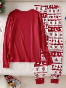 1 套圣诞快乐青少年男孩红色圣诞树和字母印花长袖上衣和裤子，适合秋冬季 - 彩色 - 查看 2