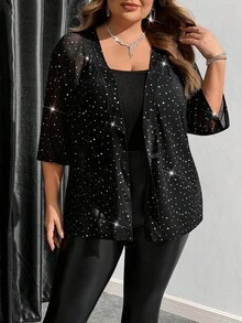 SHEIN CURVE+ Plus Size Women's Rhinestone Decor Mesh Sheer Jacket, Suitable For Thanksgiving, Christmas, New Year's Eve, Office, Party, Business Casual, Retro Style, Valentine's Day