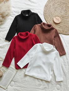Vintaside Kids 4 peças de camisetas de manga comprida com gola alta e nervuras de cor sólida para meninos, casuais e versáteis para casa, atividades ao ar livre, roupas de férias, outono/inverno - Multicolorido - Ver 6