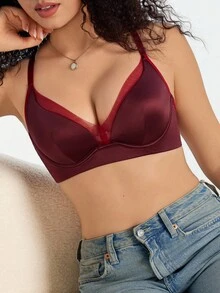 1pc Women's Mesh Patchwork Comfortable Underwire Bra - Burgundy - View 6