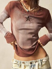 Bohemela 女式休闲纯色针织拼布长袖 T 恤 - 摩卡棕 - 查看 8