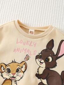 Cozy Pixies 女婴卡通狮子兔子图案圆领长袖套头卫衣，舒适百搭时尚休闲可爱基础款，适合秋冬季室内外休闲、滑雪、返校、日常穿着、运动、玩耍等场合。