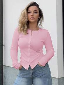Jeta Ari Ribbed Button Through Long Sleeve Crew Neck Top Casual Vacation Back To School Fall Autumn - Pink - View 7