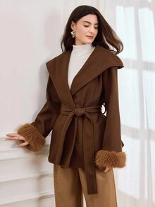 Miaspire Women's Elegant Wool Blend Hooded Cardigan Coat With Belt, Deep Brown, Fuzzy Cuffs, High-Quality Silhouette Autumn Winter Clothes For Women - Brown - View 8