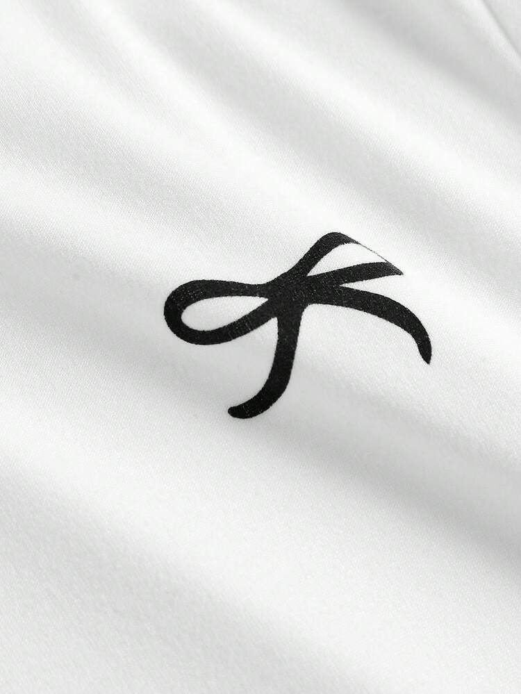 SHEIN Girlism Tween Girls' White Round Neck Butterfly Print Ruched Waist Long Sleeve Casual T-Shirt, Minimalist Design - White - View 3