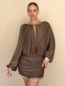 Chiquease Damen elegantes Rüschen-Fransen-Laternenhülsen Langarm Minikleid - Braun - Übersicht 6