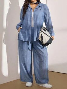 Zelara 大码女式长袖单排扣衬衫和阔腿裤宽松休闲两件套，秋季 - 藍色 - 查看 6