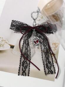 ROMWE Kawaii 1 chiếc nơ nhung phong cách Gothic cổ điển Y2K, lưới đen, móc khóa hình trái tim pha lê hình giọt nước, mặt dây chuyền cho nữ, thích hợp để đeo hàng ngày và làm quà tặng ngày lễ, Halloween - màu đen - Xem 9